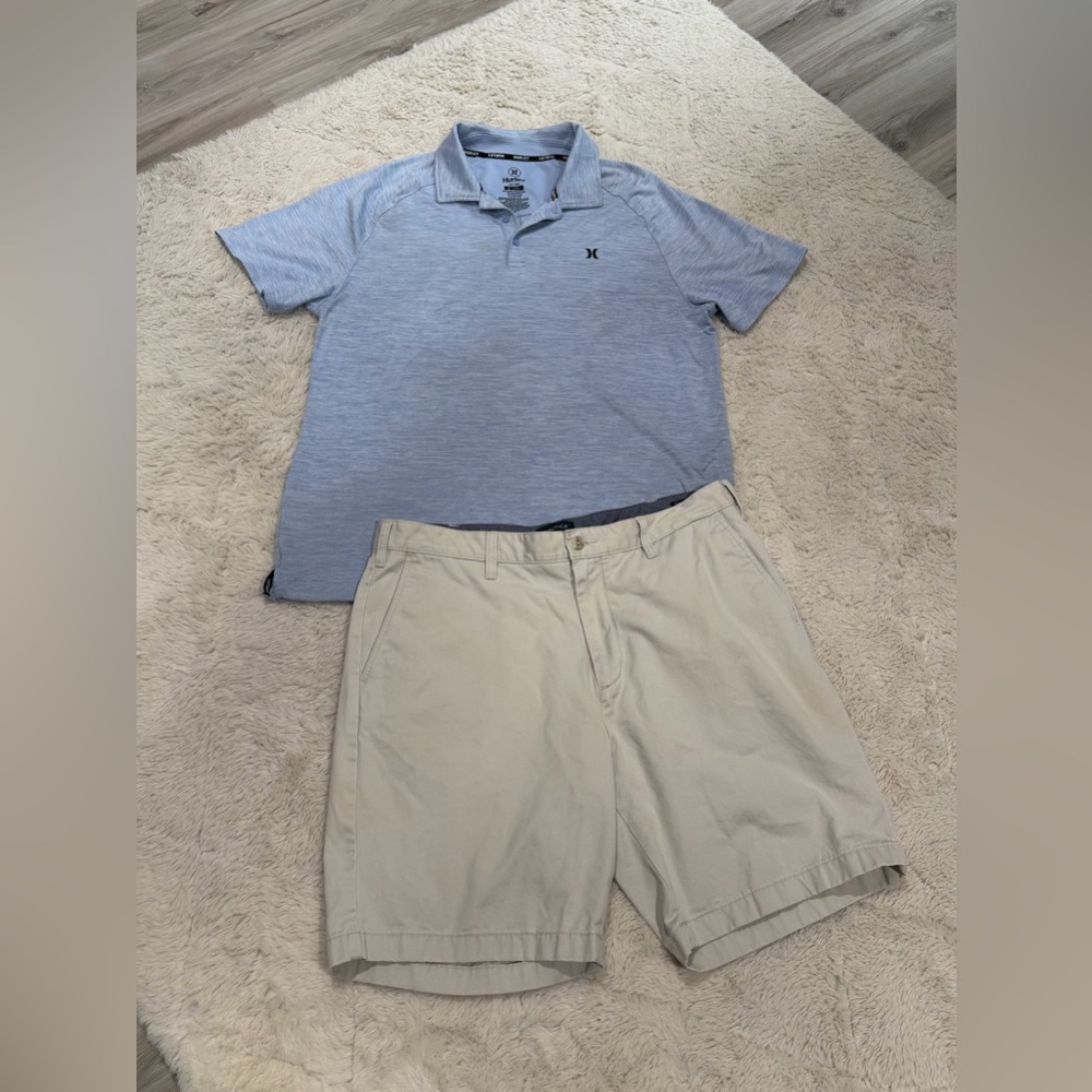 Hurley Blue Large Shirt and Nautica Khaki Deck Shorts